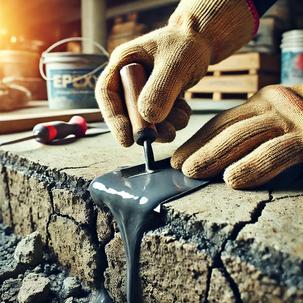 Top Industries Using Epoxy Resin in Pakistan a detailed shot of epoxy resin being applied to a cracked concrete surface. the image highlights the deep penetration of the epoxy into the crack wit